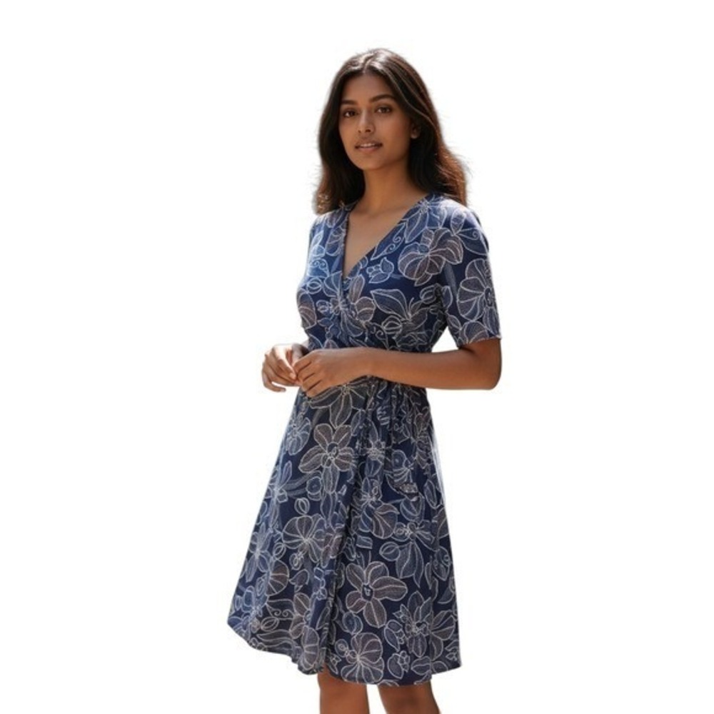 Espresso Floral Blue Vβ Neck Short Sleeve Tie Waist Wrap Dress Size PL